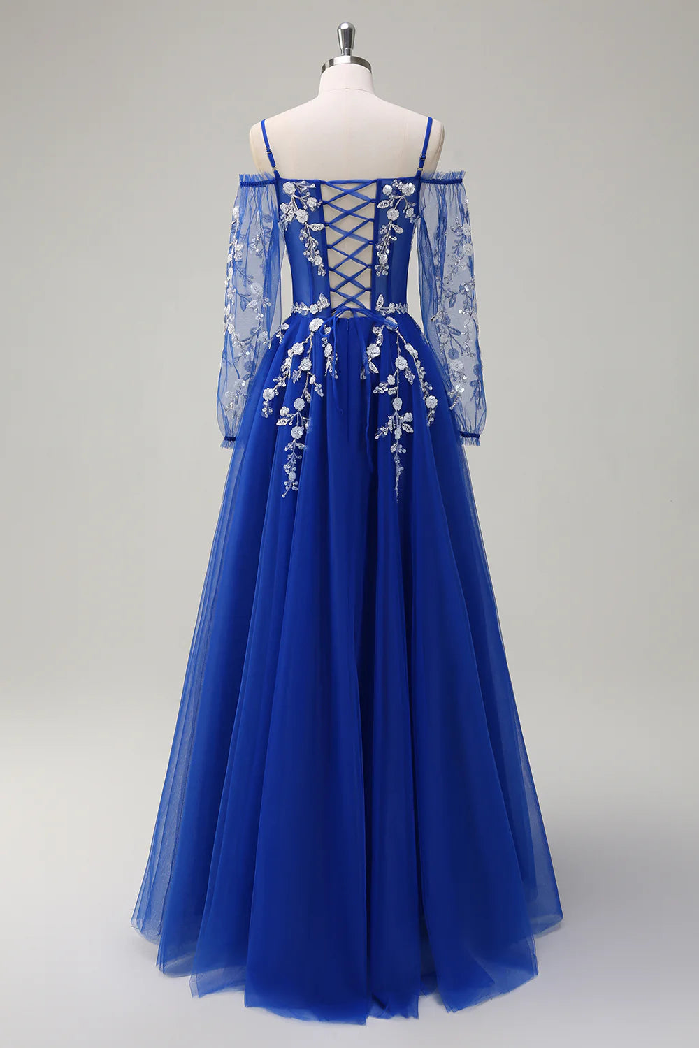 A-line Cold Shoulder Sparkling Flower Long Sleeve Ball Dress