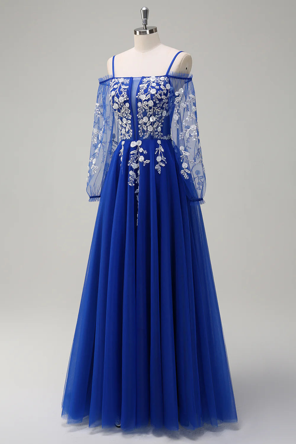 A-line Cold Shoulder Sparkling Flower Long Sleeve Ball Dress