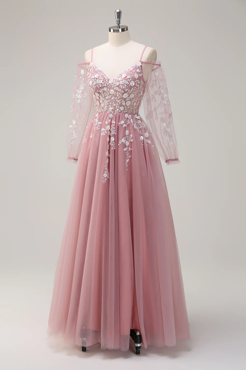 A-line Cold Shoulder Sparkling Flower Long Sleeve Ball Dress