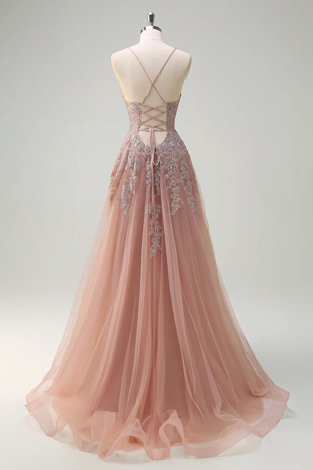Powder blusher tulle A-line suspender V-neck long slit prom dress