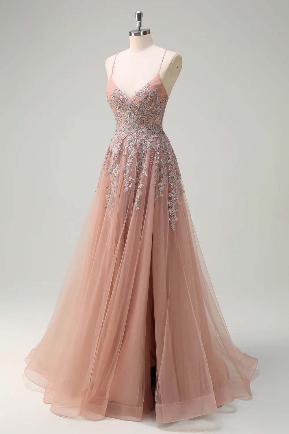 Powder blusher tulle A-line suspender V-neck long slit prom dress