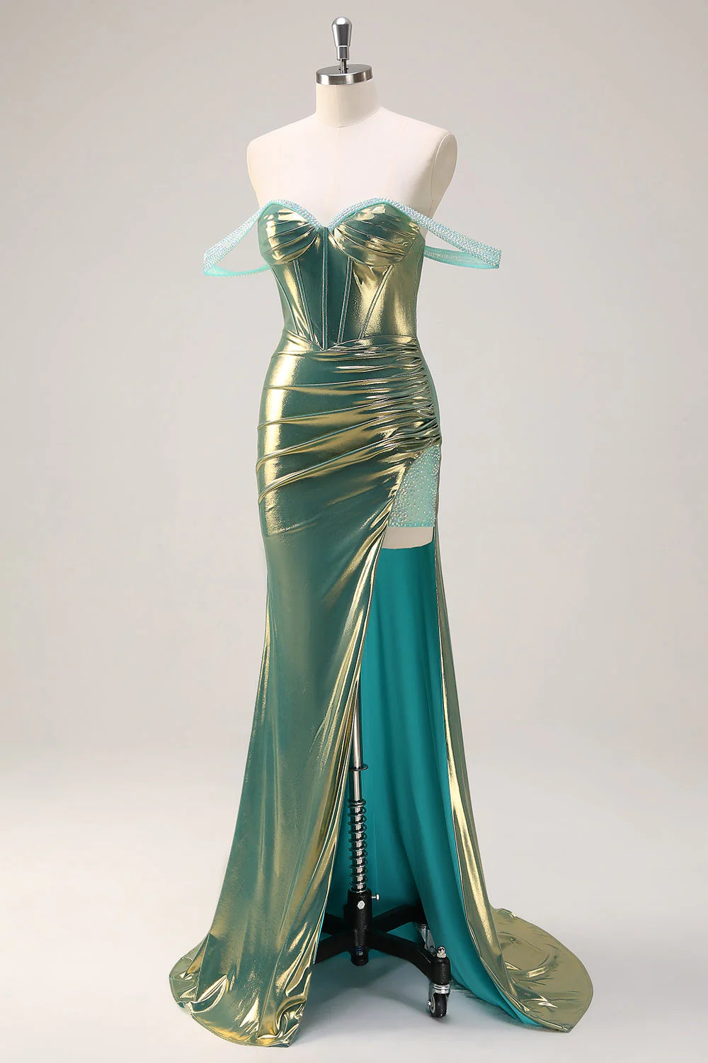 Sparkly Green Mermaid Off the Shoulder Long Corset Metallic Prom Dress with High Slit