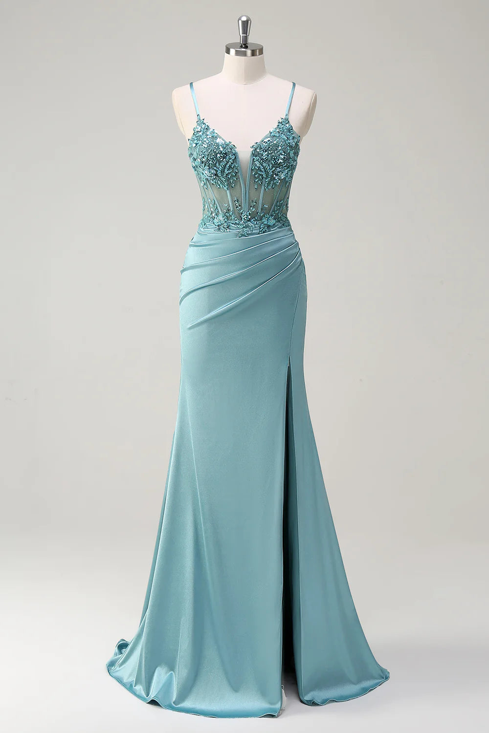 Sparkling blue mermaid spaghetti strap beaded tight corset sequined ball gown with slit