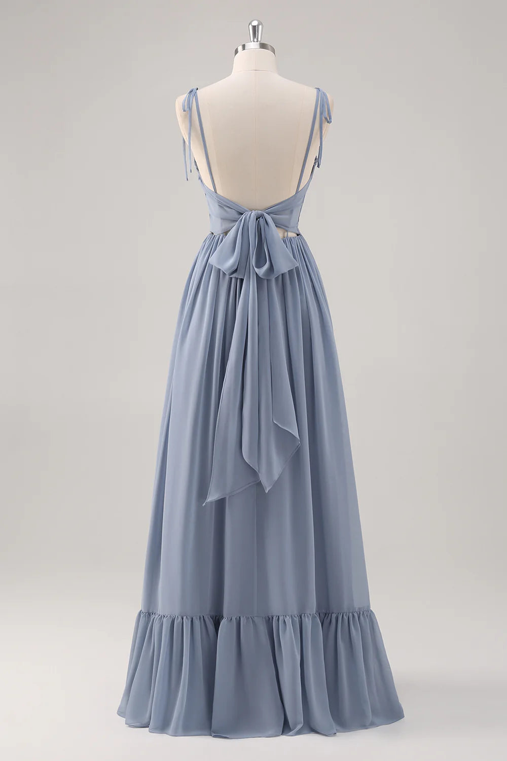 Dusty Blue A Line Spaghetti Straps Lace Up Back Long Bridesmaid Dress with Slit