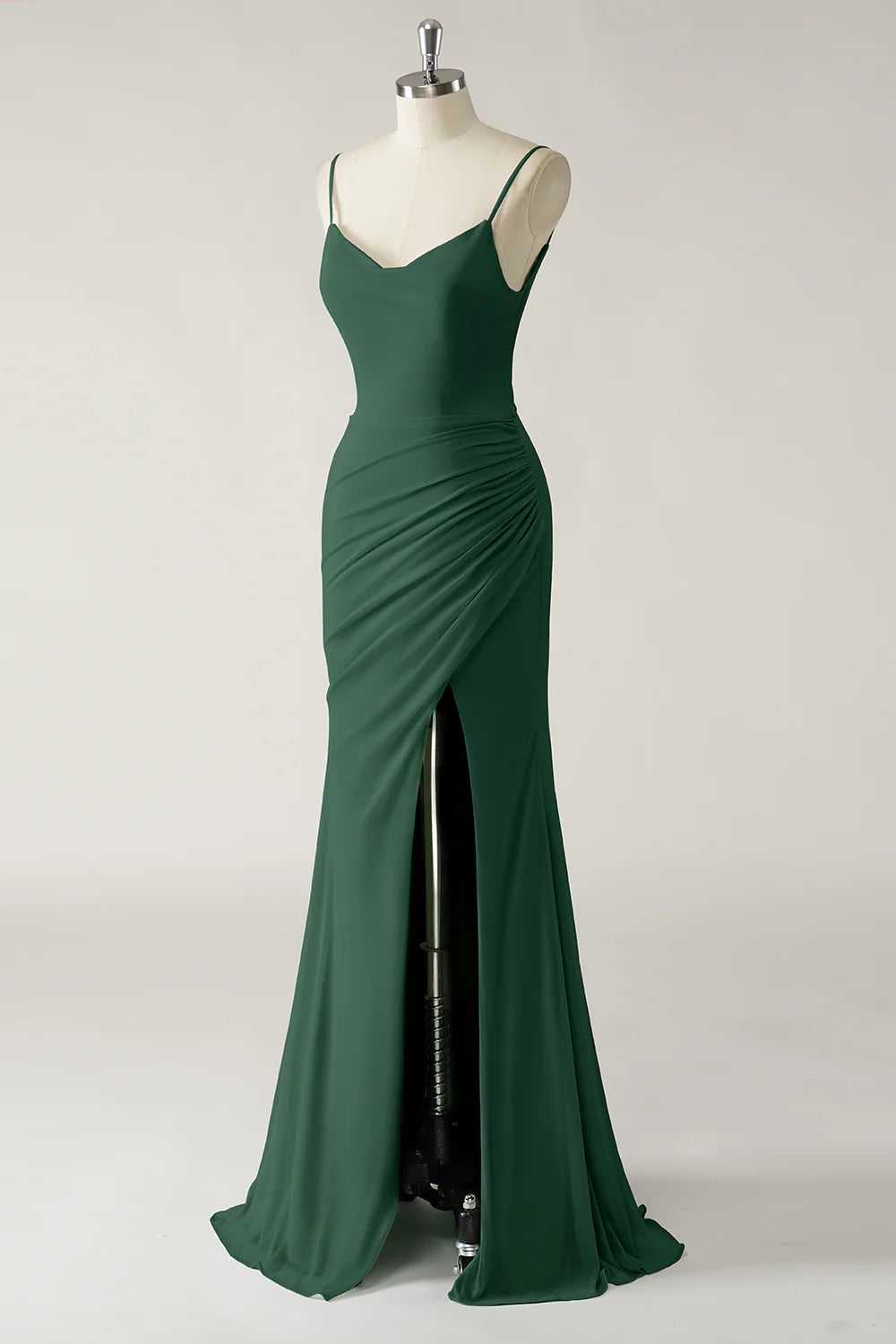 Mermaid thin shoulder chiffon pleated long bridesmaid dress with slit