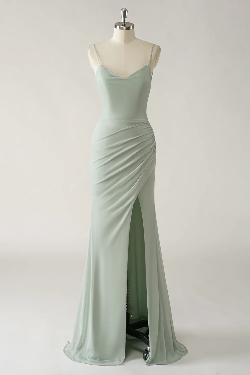 Mermaid thin shoulder chiffon pleated long bridesmaid dress with slit