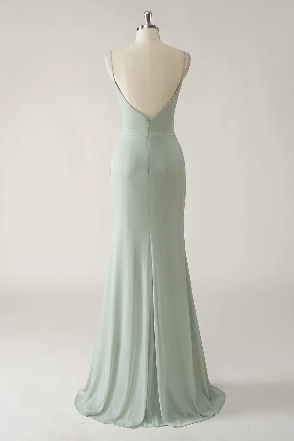 Mermaid thin shoulder chiffon pleated long bridesmaid dress with slit