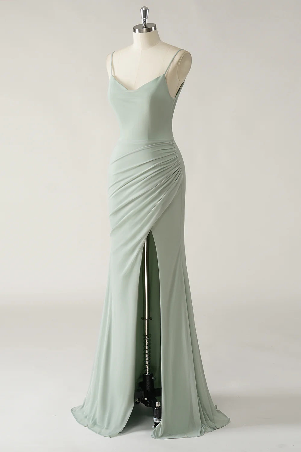 Mermaid thin shoulder chiffon pleated long bridesmaid dress with slit