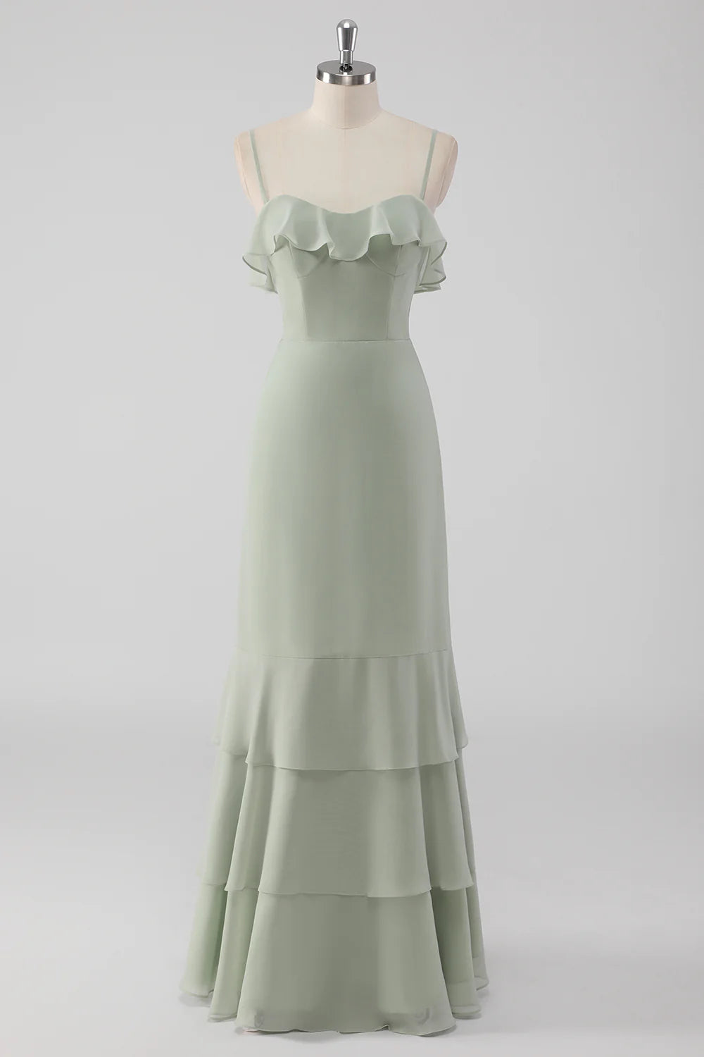 Thin suspender ruffled chest hem pleated long bridesmaid dress