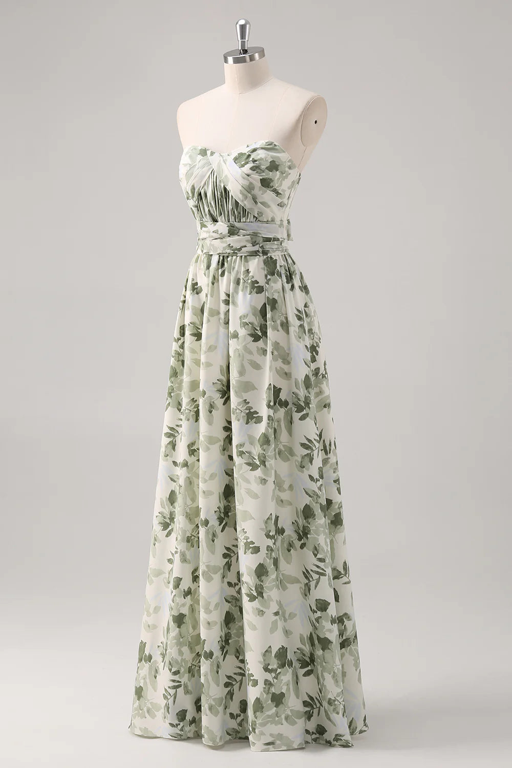 Green Flower A-Line Strapless Printed Ruched Convertible Long Bridesmaid Dress