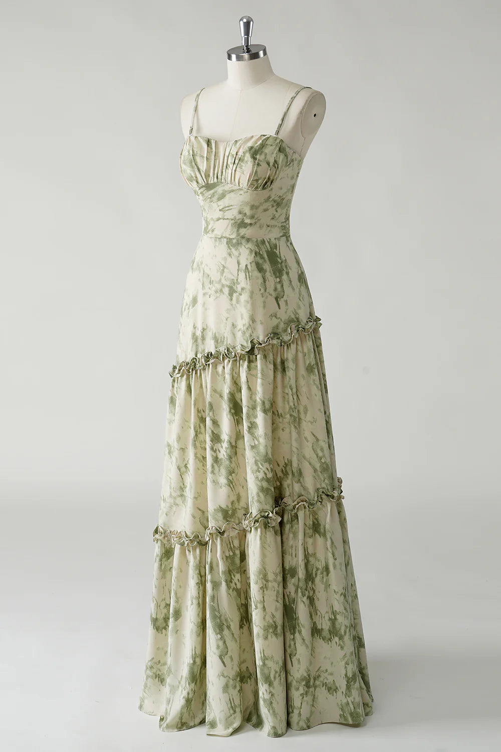 Sage Flower A Line Spaghetti Straps Printed Long Bridesmaid Dress with Ruffles