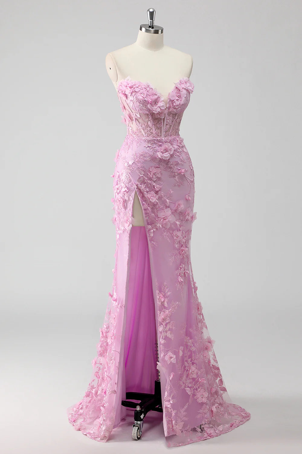 Lilac Mermaid Strapless Corset Appliqued Long Prom Dress with Slit