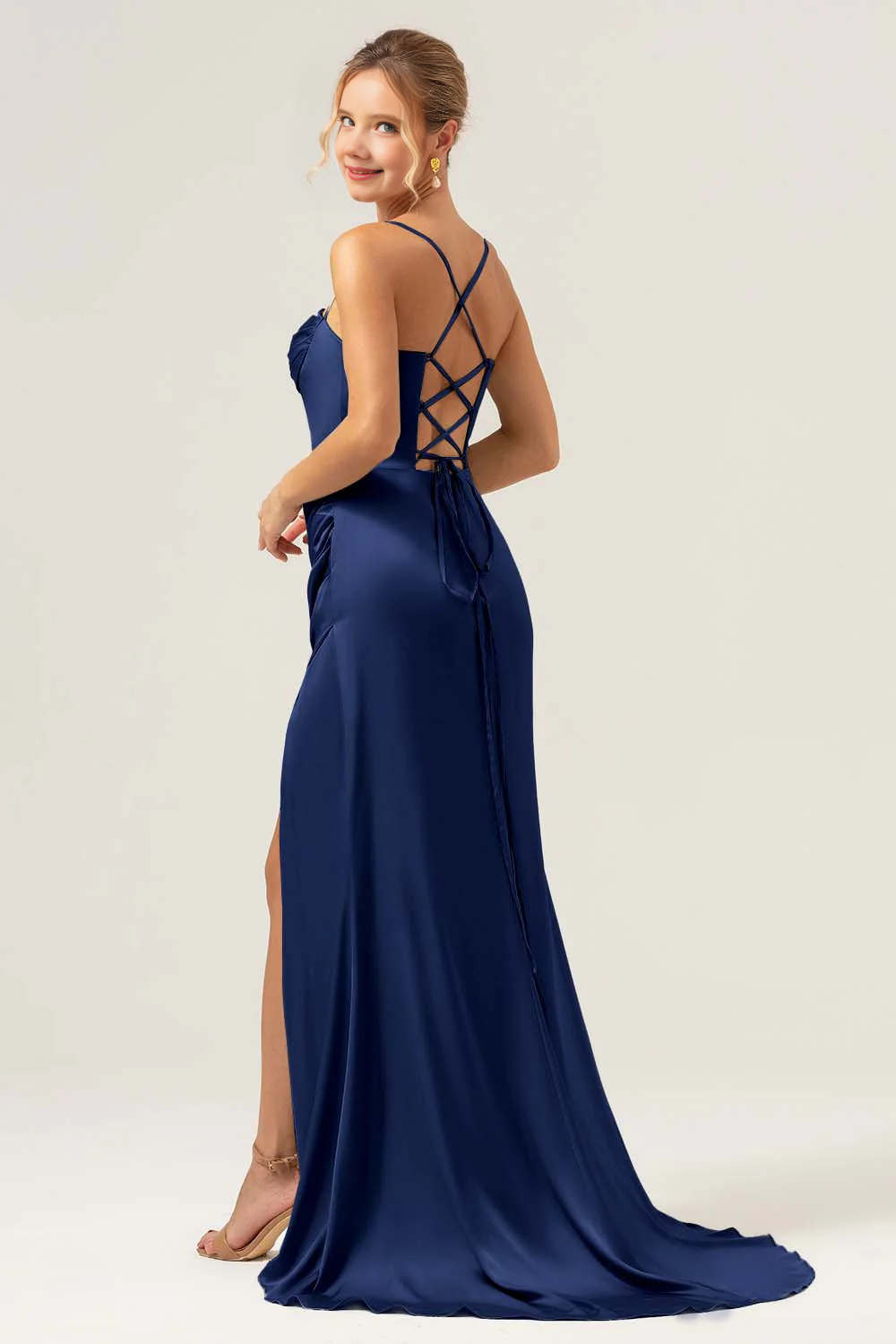 Collar pleated satin bridesmaid dress with slit