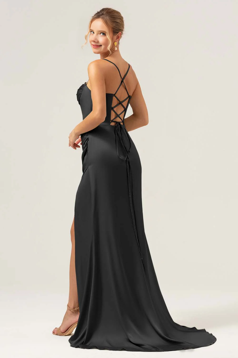 Collar pleated satin bridesmaid dress with slit