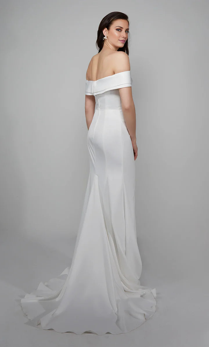 Perfect satin off shoulder straight tube backless side pleated high slit wedding dress