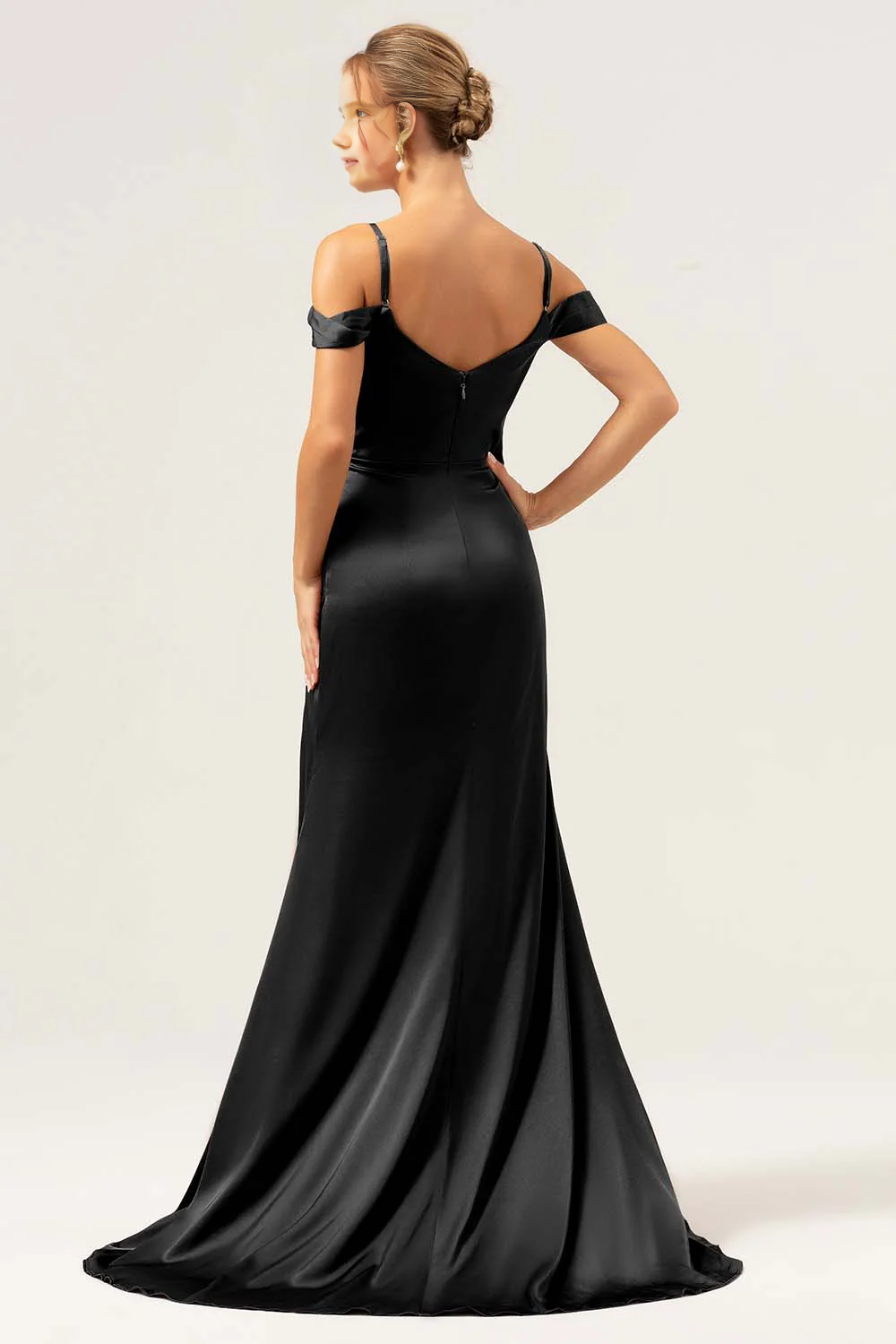 Mermaid cold shoulder pleated long satin bridesmaid dress with slit