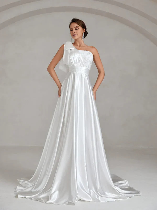 One shoulder bow satin and floor length wedding dress
