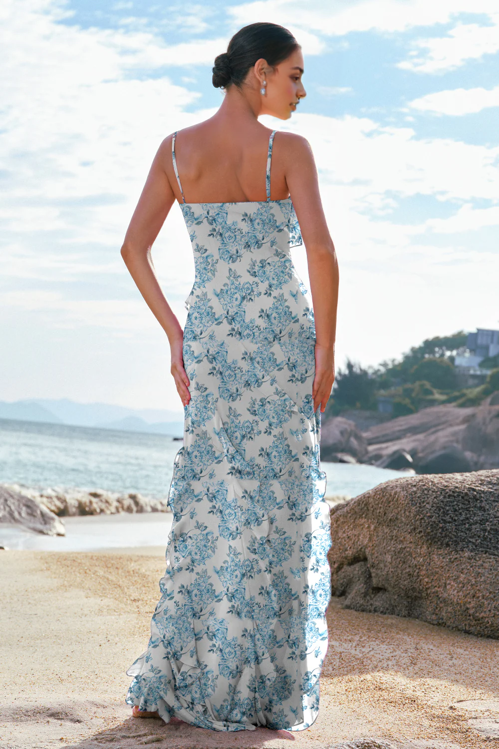 Flower sheath thin suspender lotus leaf edge length bridal dress with slit