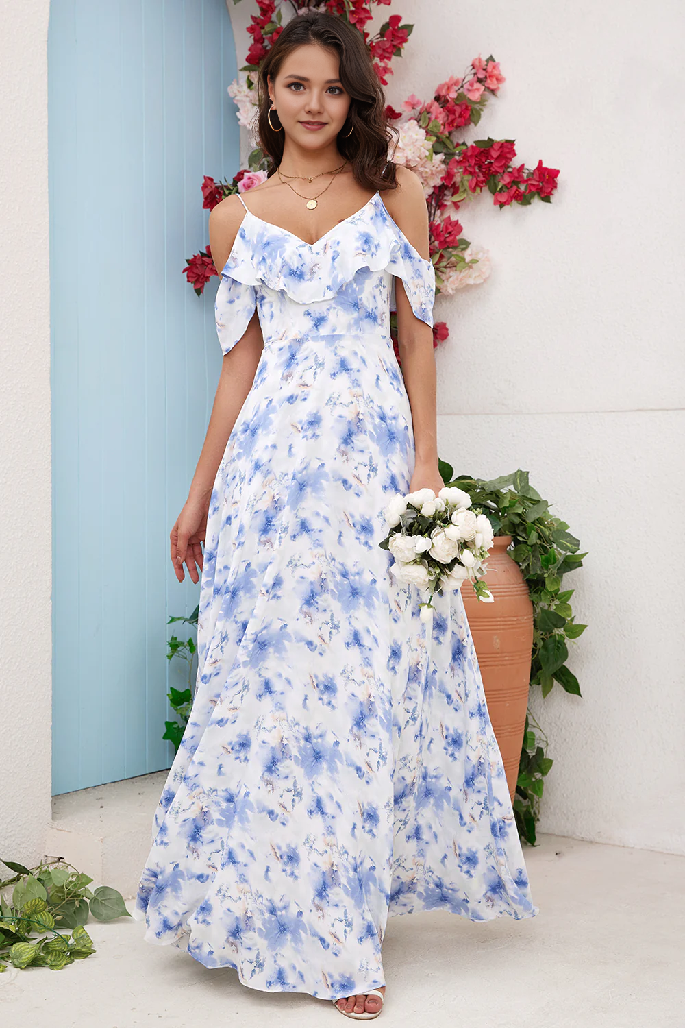 White Purple Flower A Line Cold Shoulder Chiffon Long Bridesmaid Dress