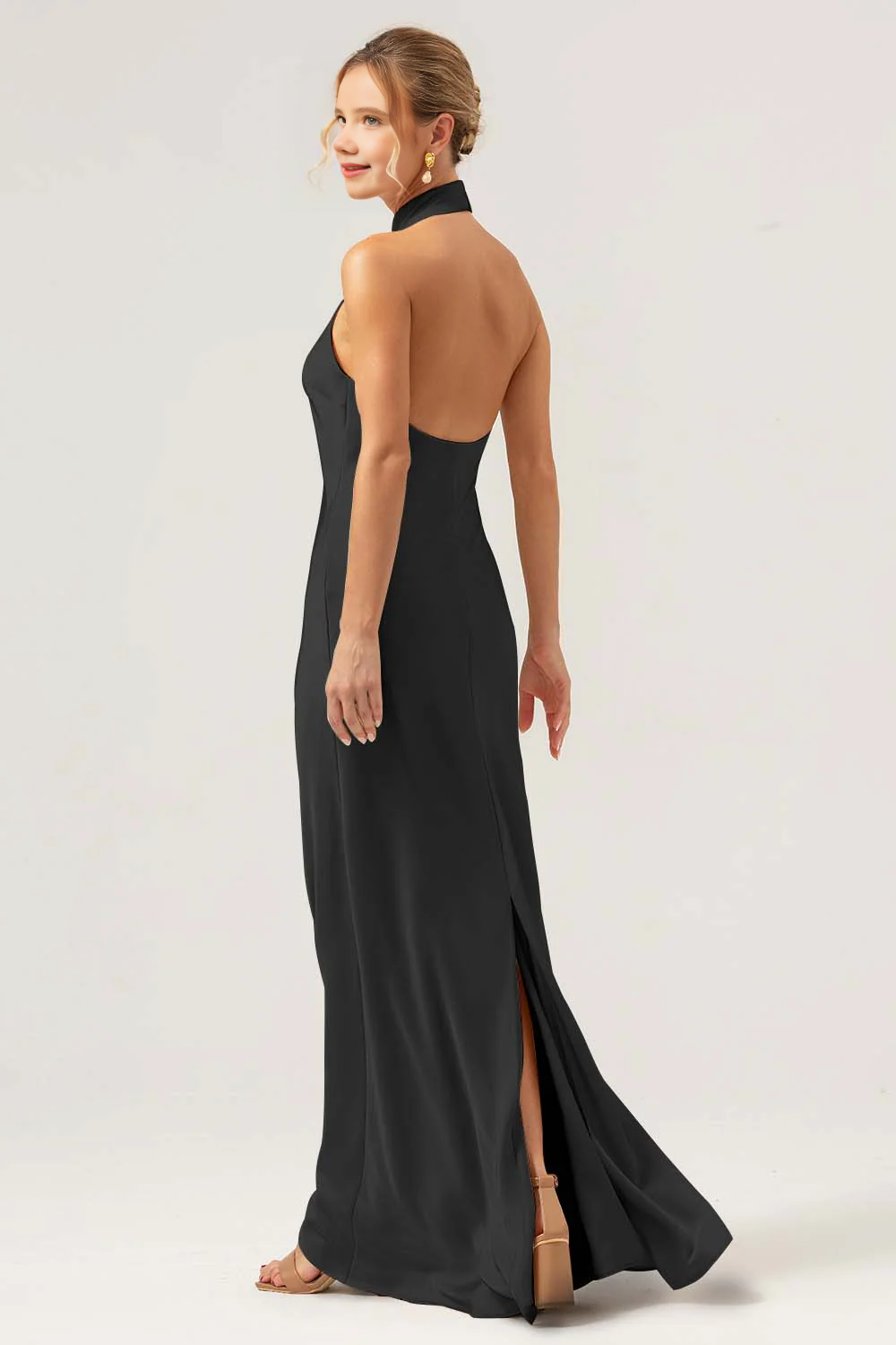 Hanging neck backless long satin bridesmaid dress with slit
