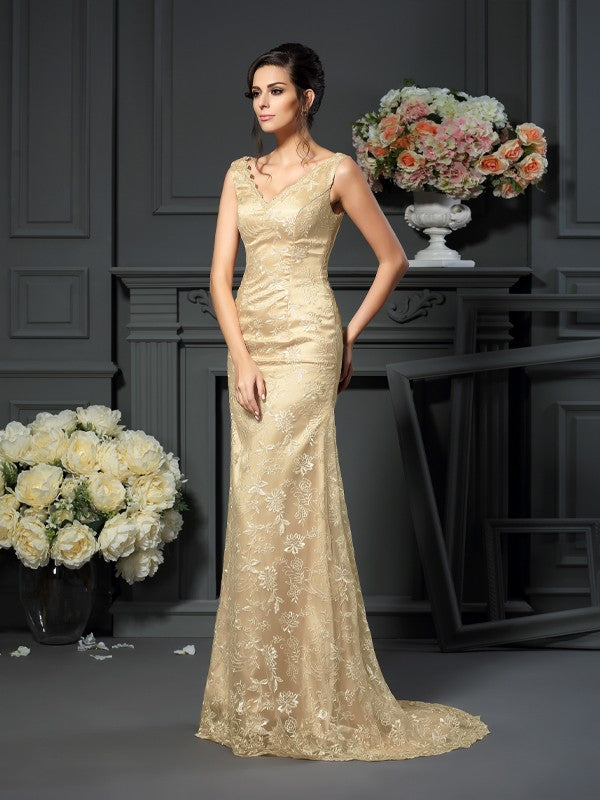 A-Line Lace V-neck Sleeveless Sweep/Brush Train With Lace Mother of the Bride Dresses