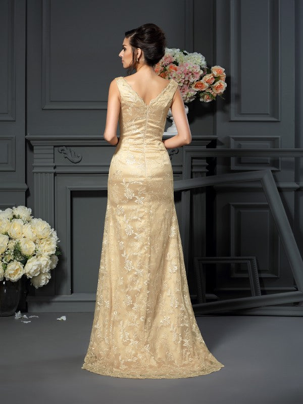 A-Line Lace V-neck Sleeveless Sweep/Brush Train With Lace Mother of the Bride Dresses