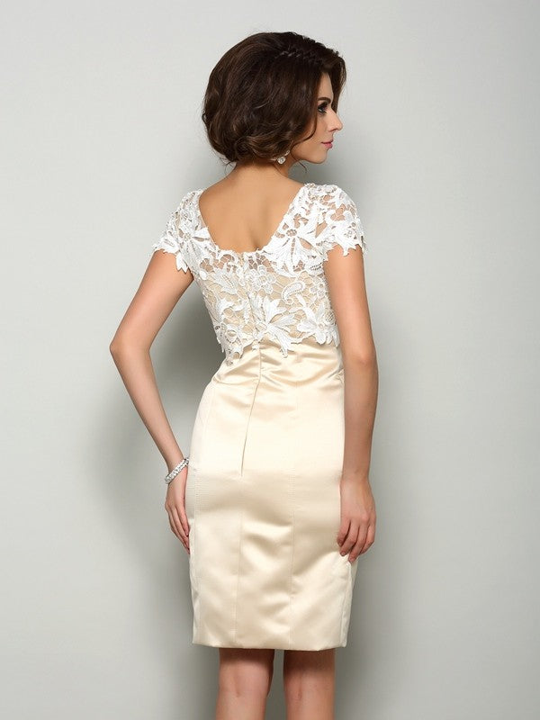 Sheath Satin Square Short Sleeves Knee-Length With Applique Mother of the Bride Dresses