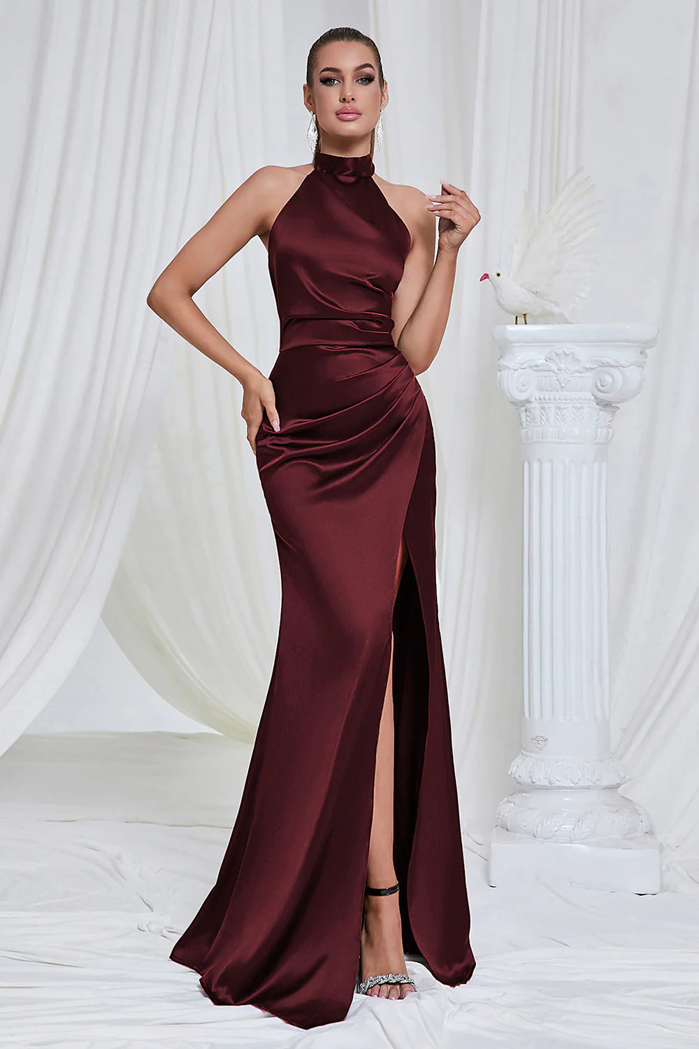 Mermaid Pine Halter Satin Wedding Guest Dress with Slit
