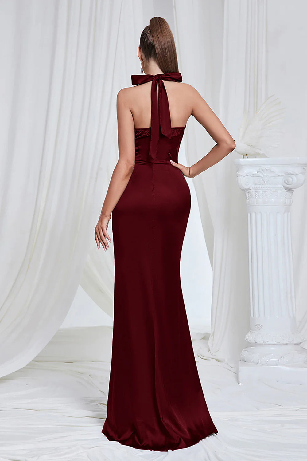 Mermaid Pine Halter Satin Wedding Guest Dress with Slit