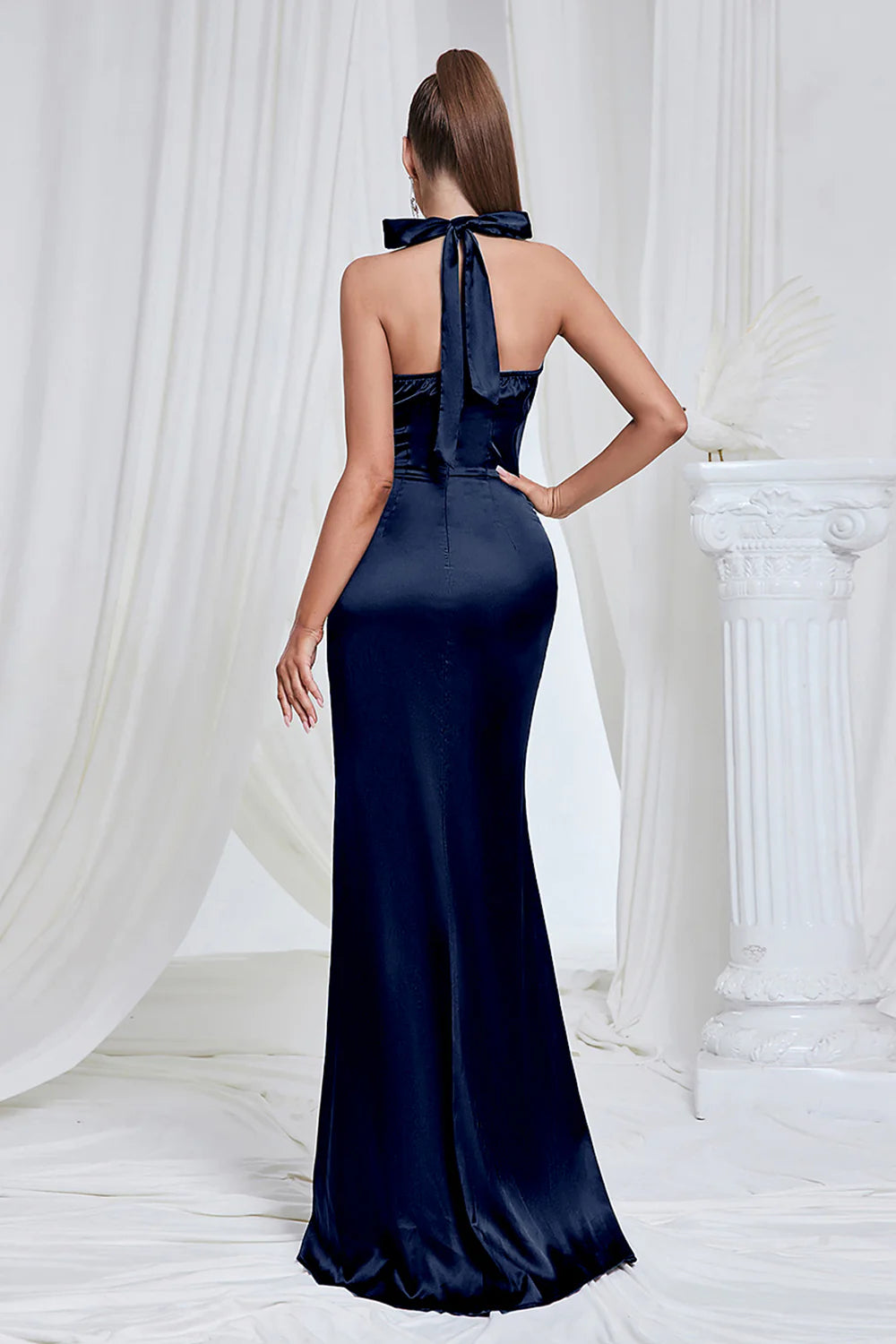 Mermaid Pine Halter Satin Wedding Guest Dress with Slit