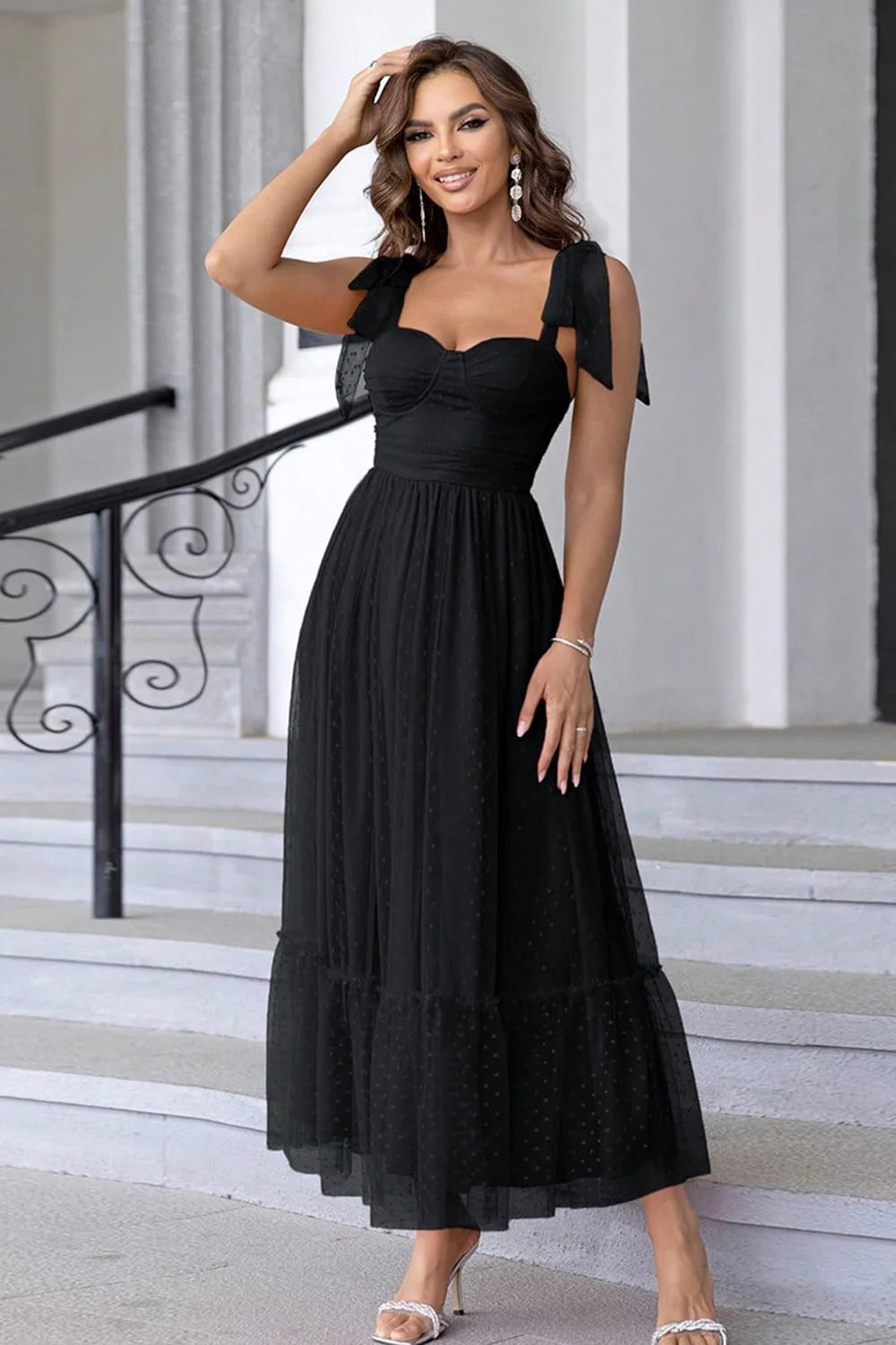 Black A Line Bow Spaghetti Straps Pleated Long Wedding Guest Dress