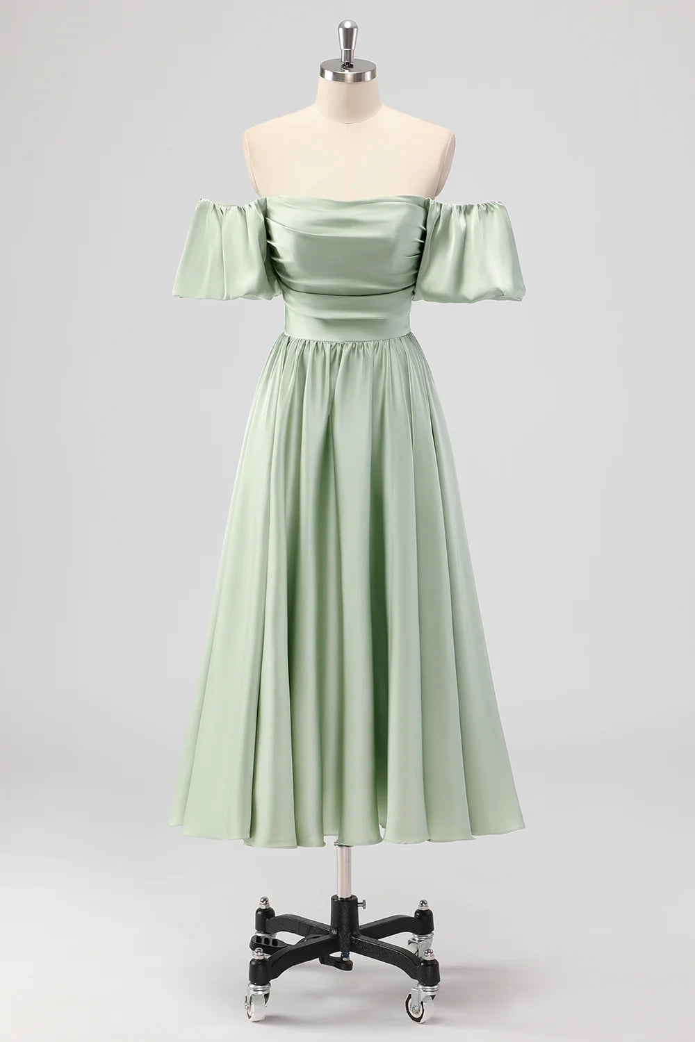 Sage Green A Line Off The Shoulder Ruched Tea-Length Satin Bridesmaid Dress