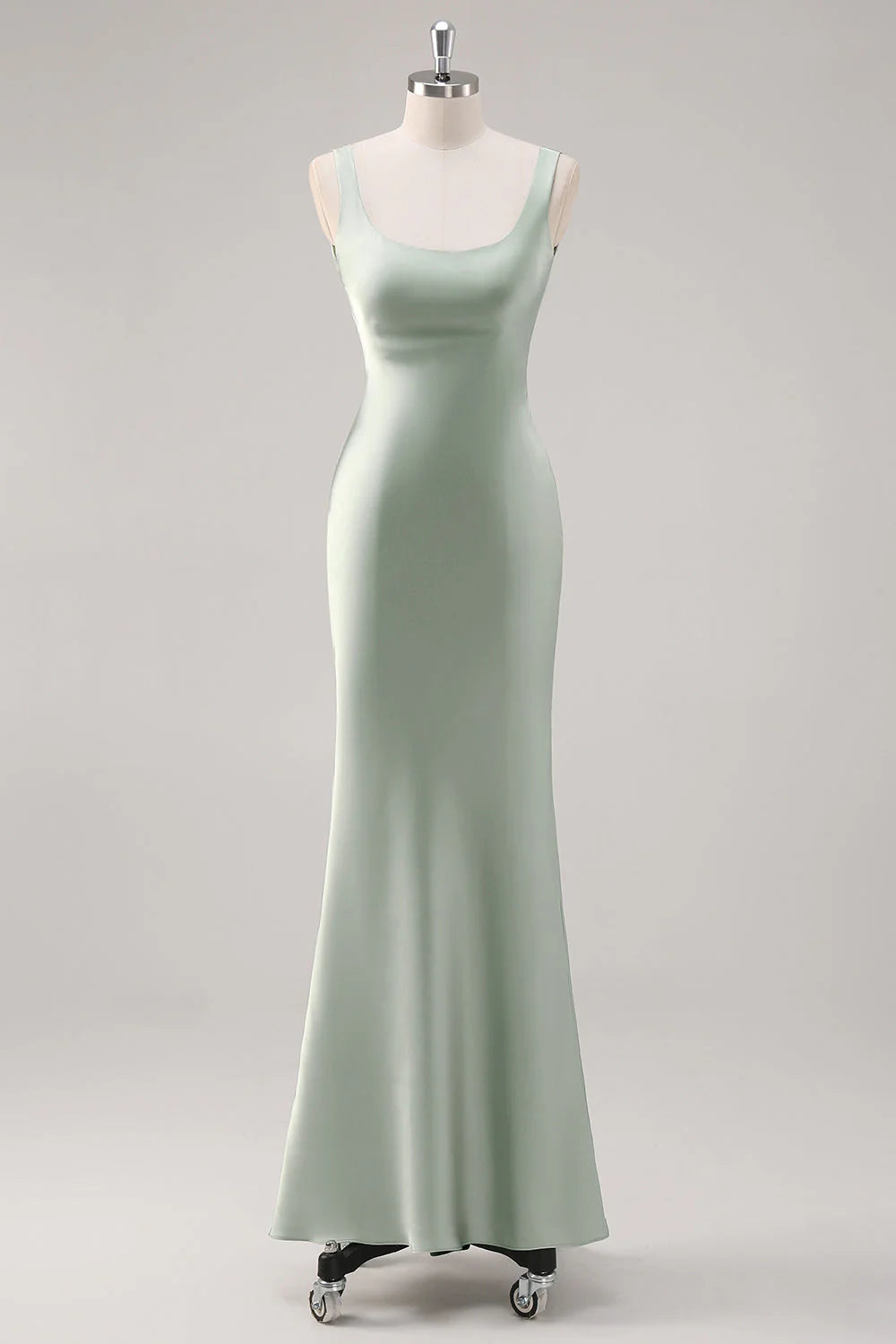Square neck satin long bridesmaid dress with cross straps at the back