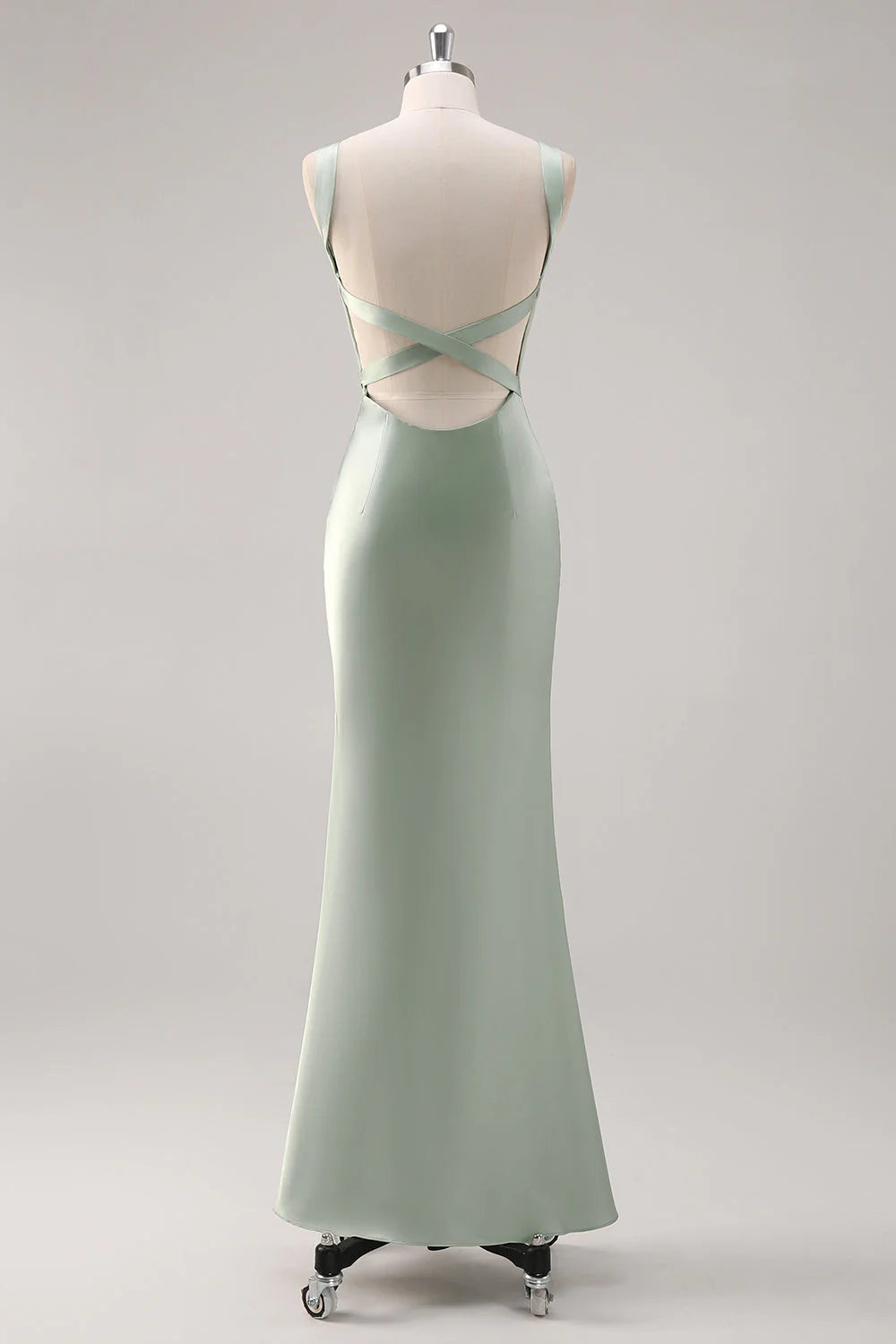 Square neck satin long bridesmaid dress with cross straps at the back