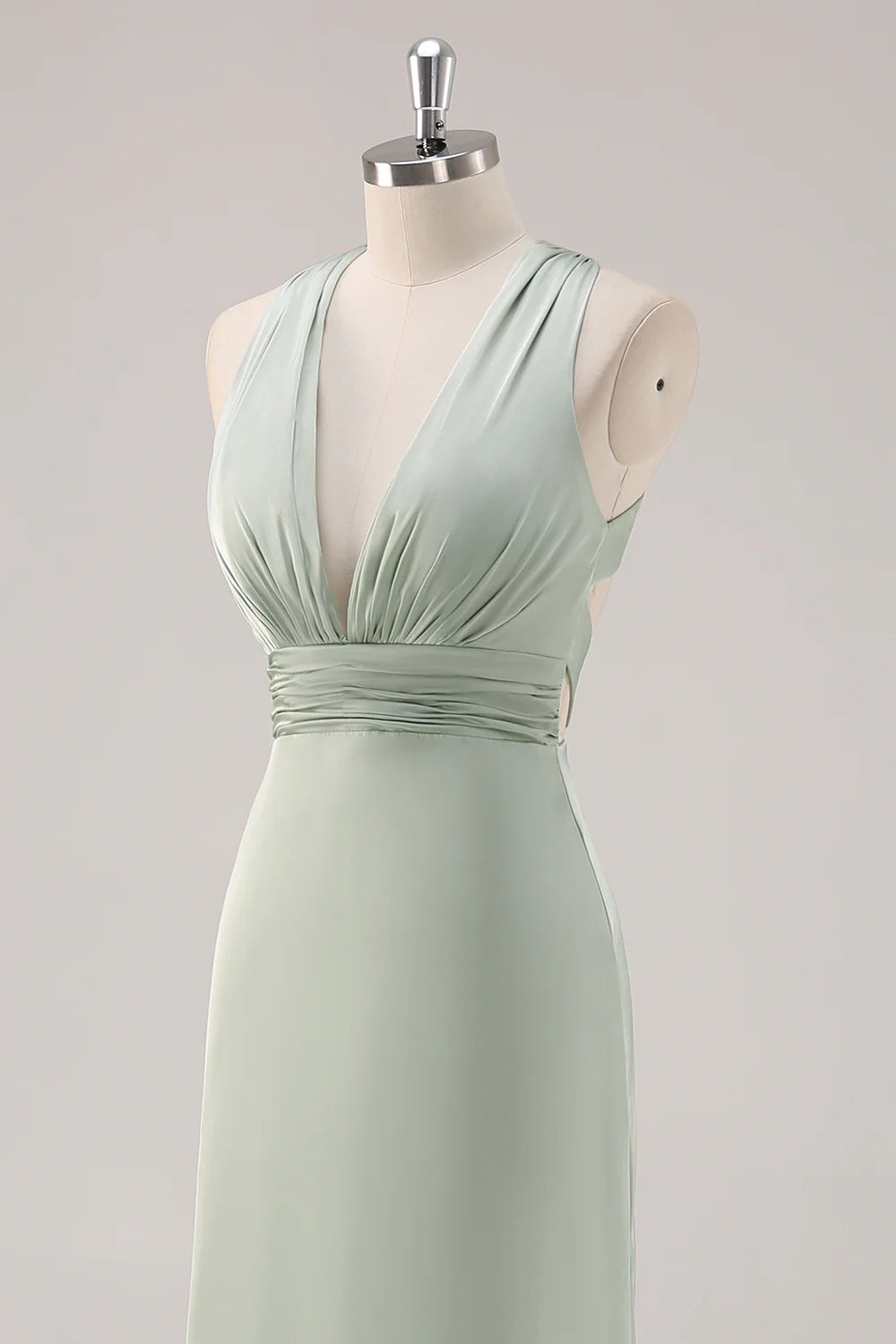 Sage Green Sheath Deep V Neck Ruched Backless Satin Long Bridesmaid Dress