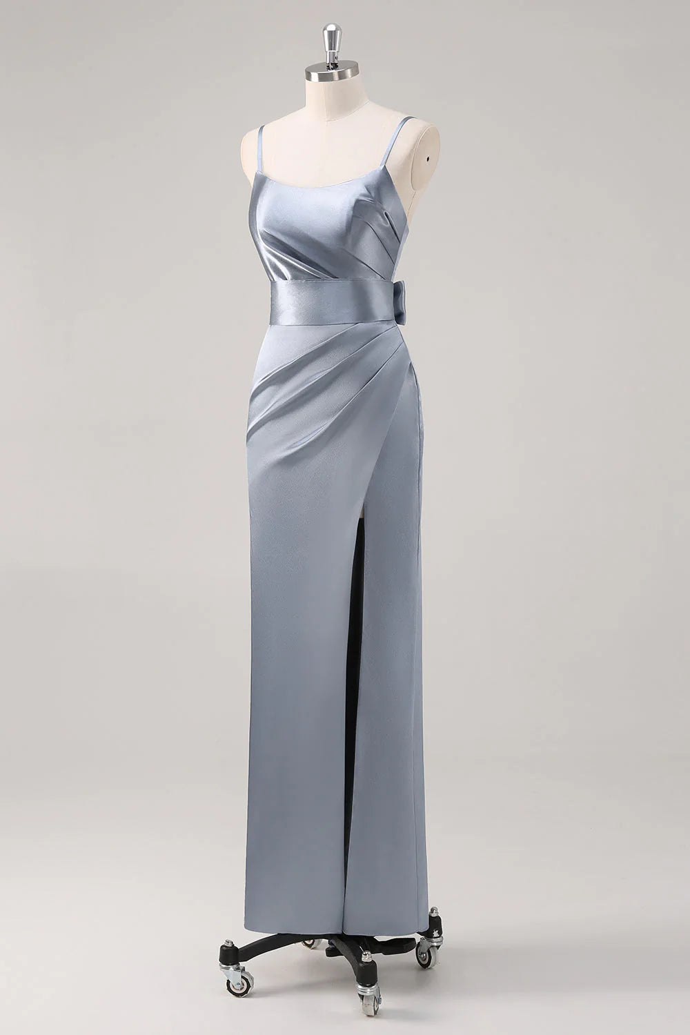 Grey Blue Sheath Ruched Spaghetti Straps Satin Long Bridesmaid Dress with Slit