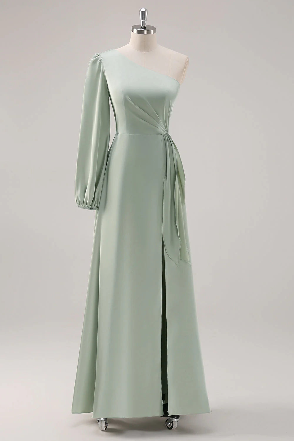 Sage Green A Line One Shoulder Ruched Long Bridesmaid Dress with Slit