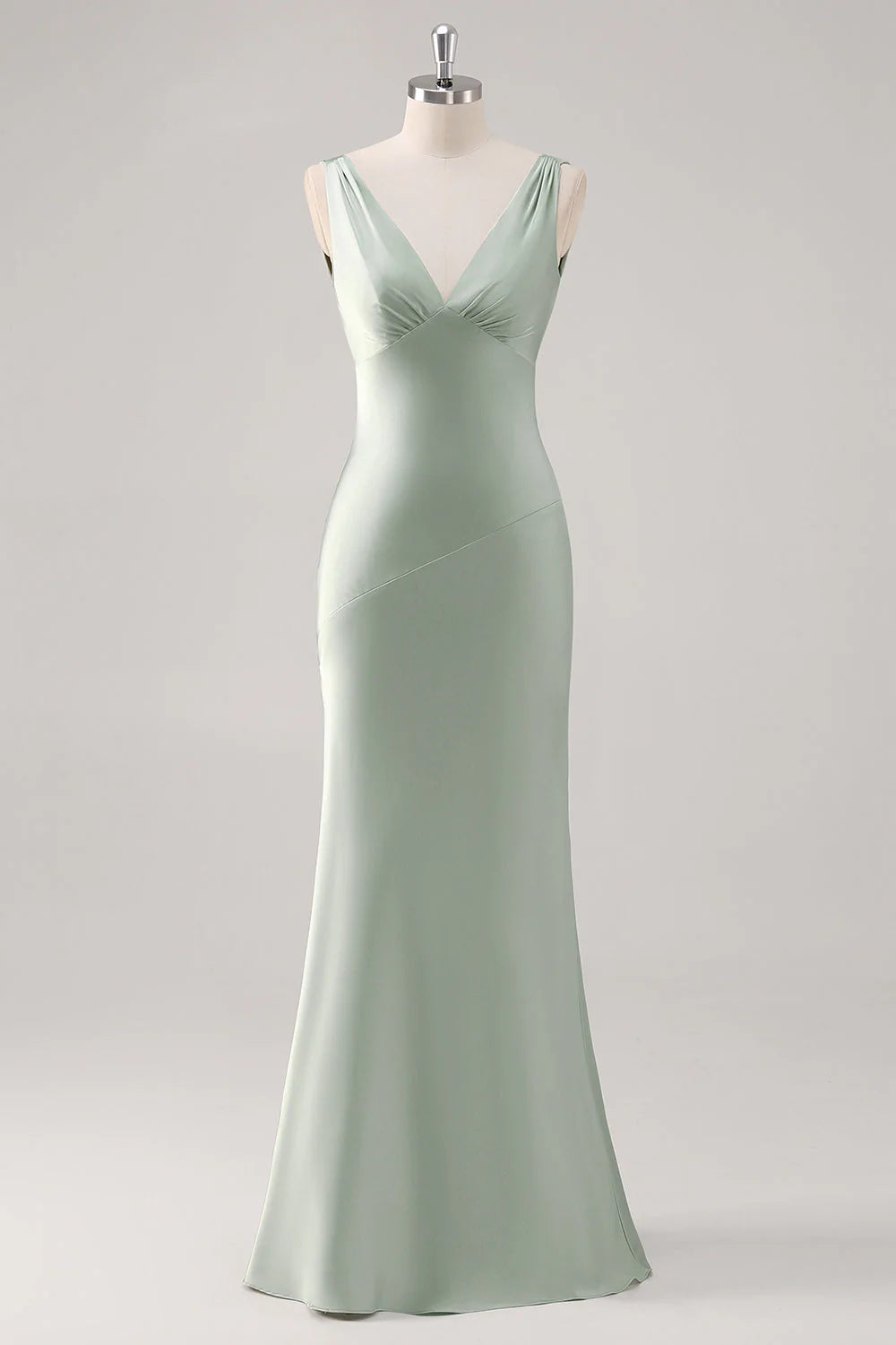 Sage Green Sheath V Neck Backless Satin Bridesmaid Dress