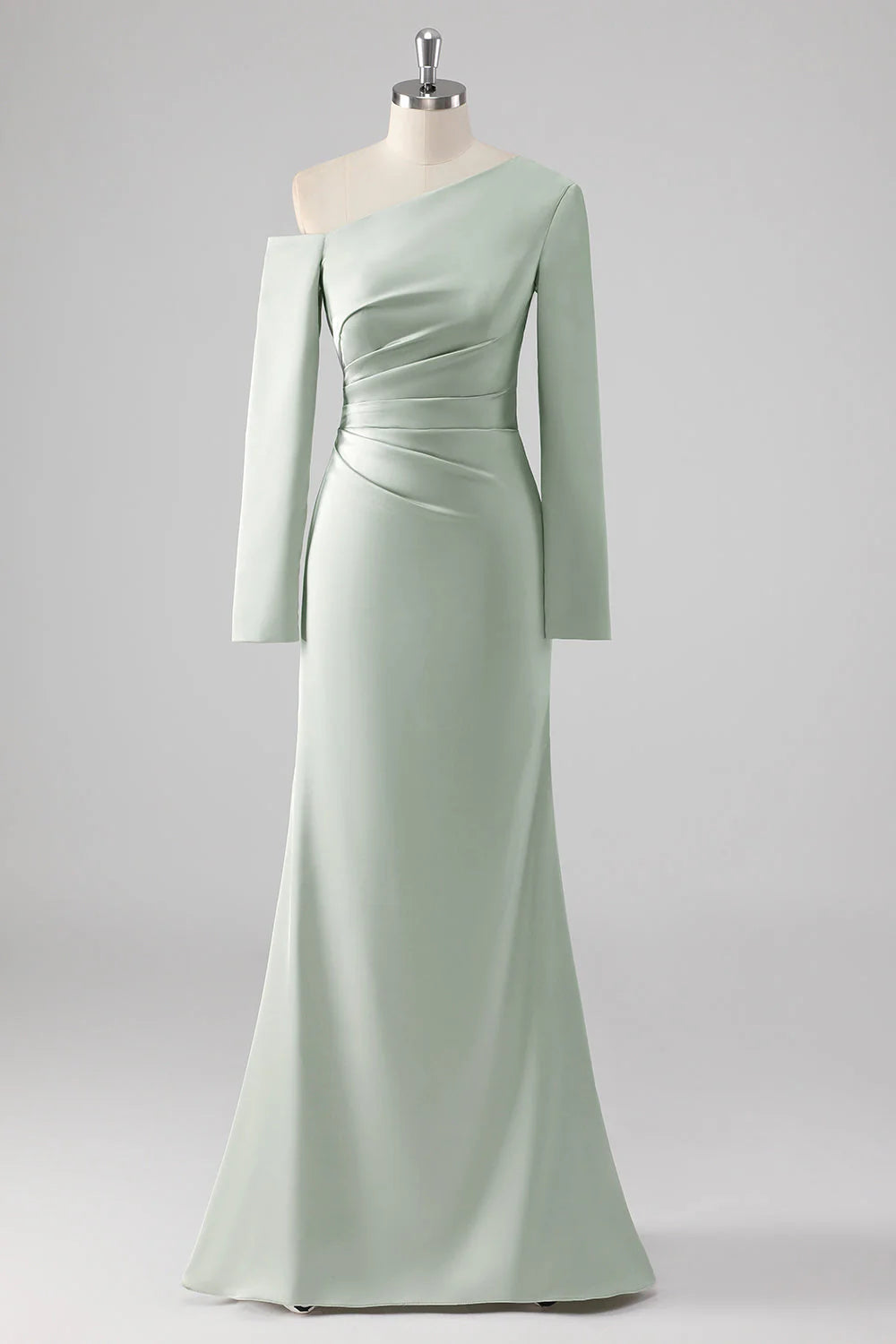 Sage Sheath One Shoulder Satin Long Bridesmaid Dress with Long Sleeves
