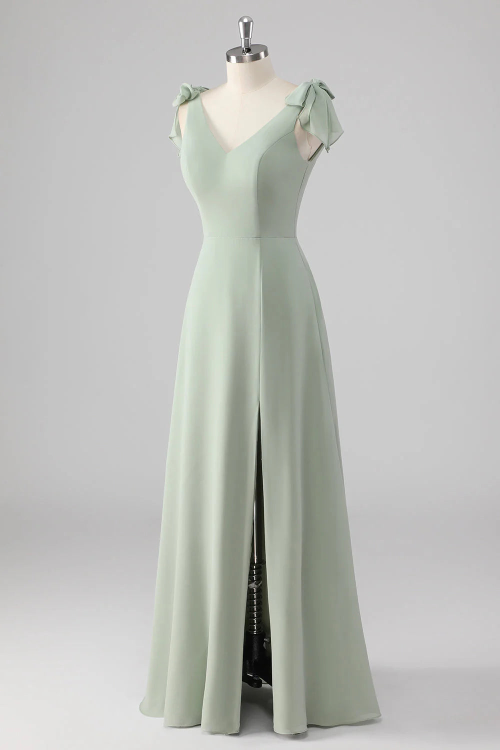 Sage Green A Line V Neck Bow Tie Straps Long Bridesmaid Dress with Slit