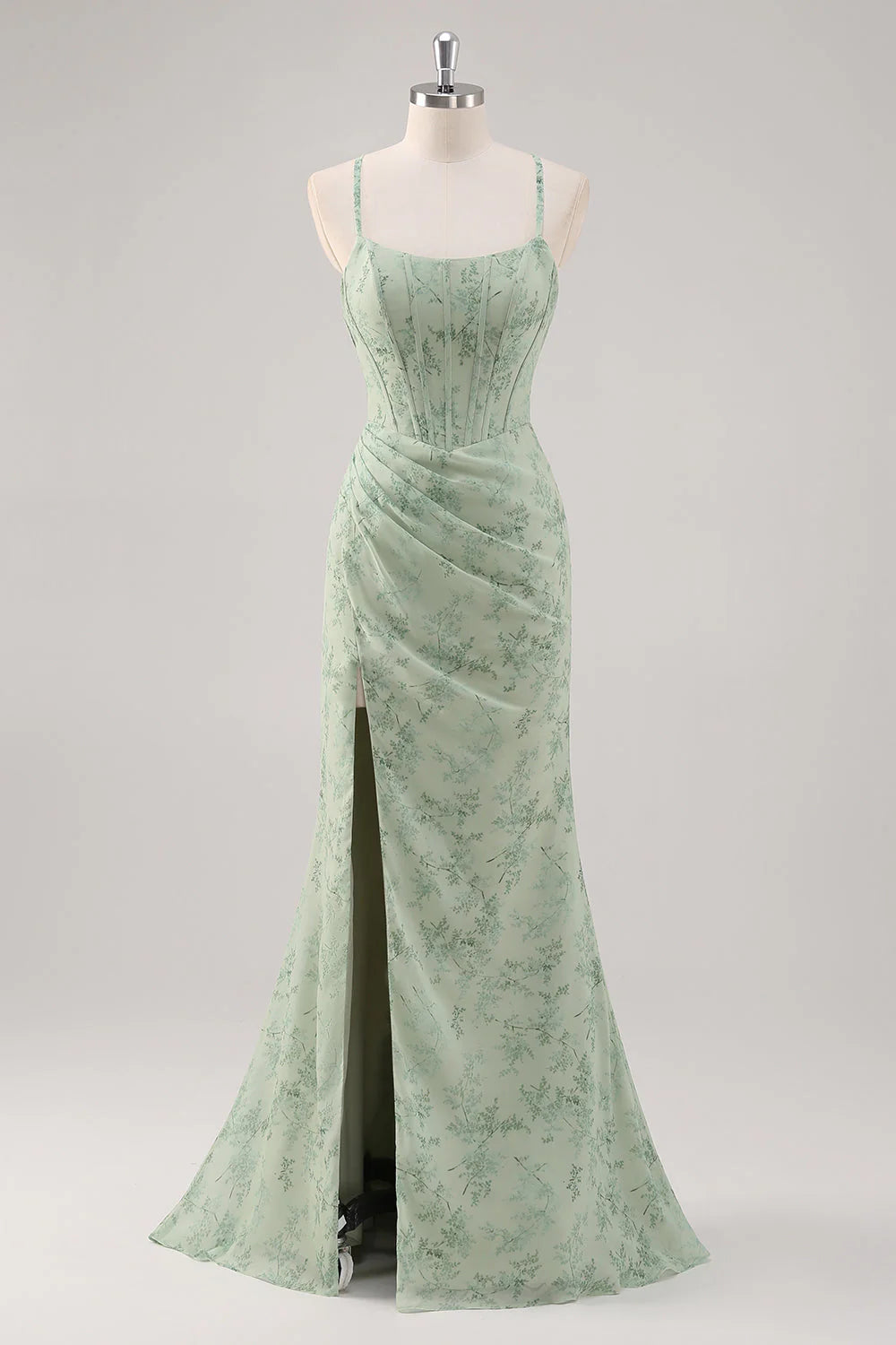 Green Floral Mermaid Lace-Up Back Corset Long Bridesmaid Dress with Slit