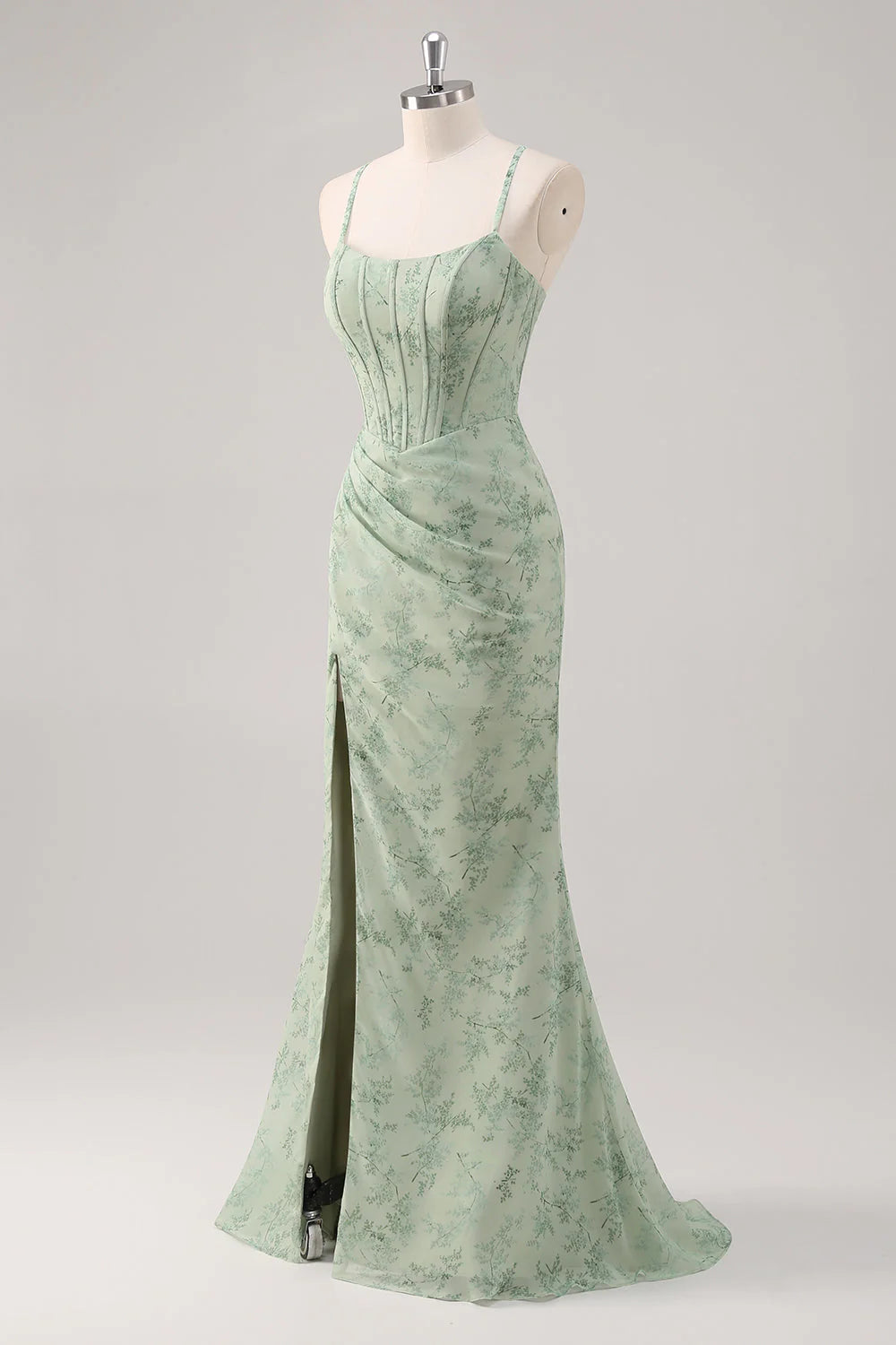 Green Floral Mermaid Lace-Up Back Corset Long Bridesmaid Dress with Slit