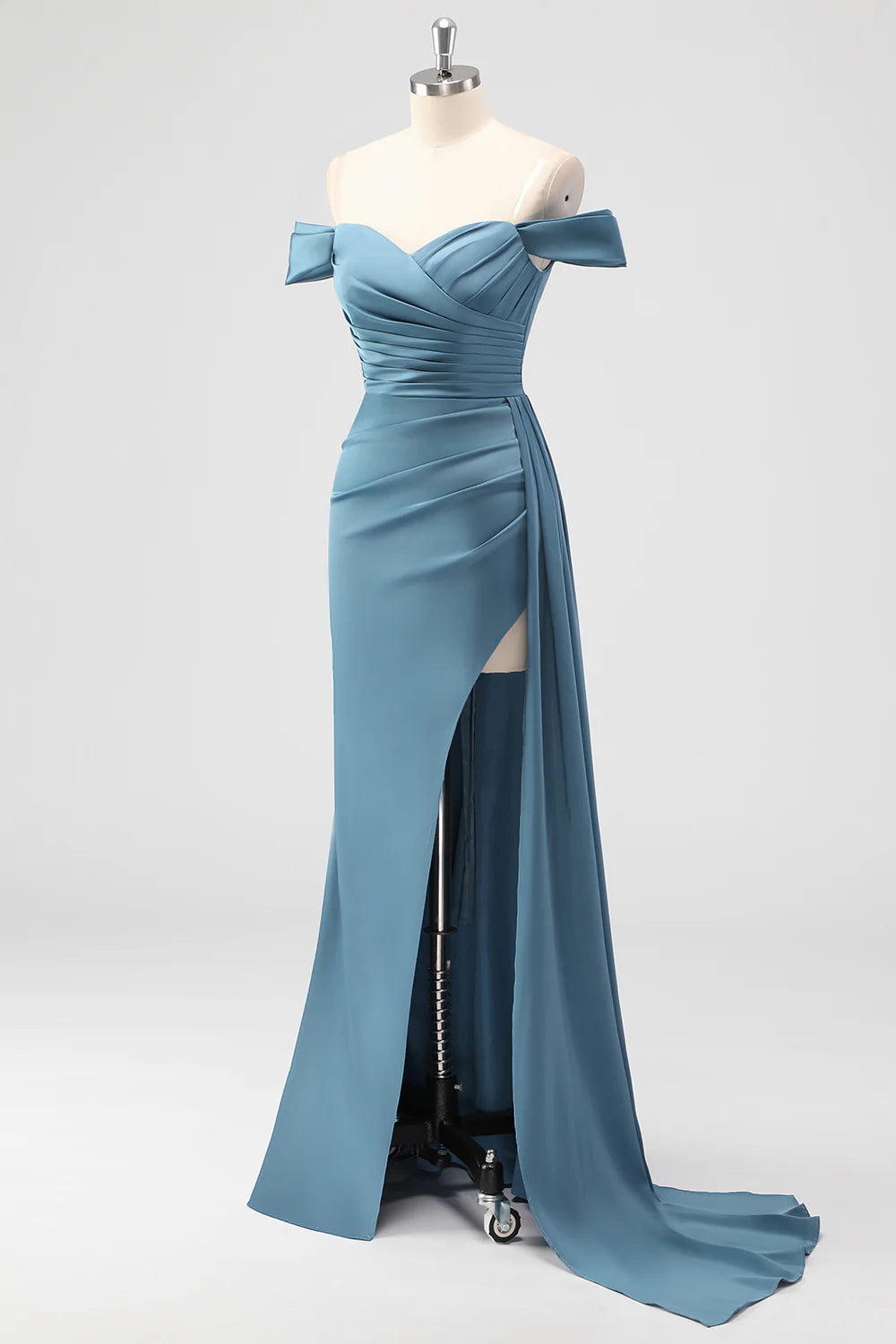 Dusty Blue Mermaid Off The Shoulder Side Streamer Ruched Satin Long Prom Dress with Slit