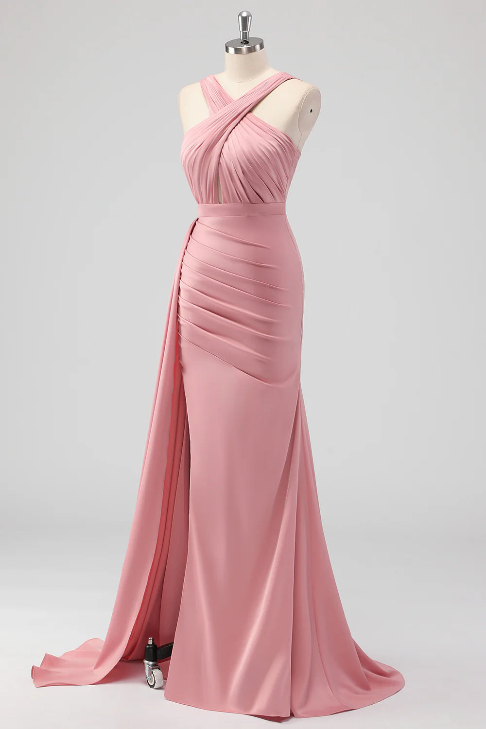 Powder blusher mermaid cold shoulder ruffle satin long bridal dress side slit