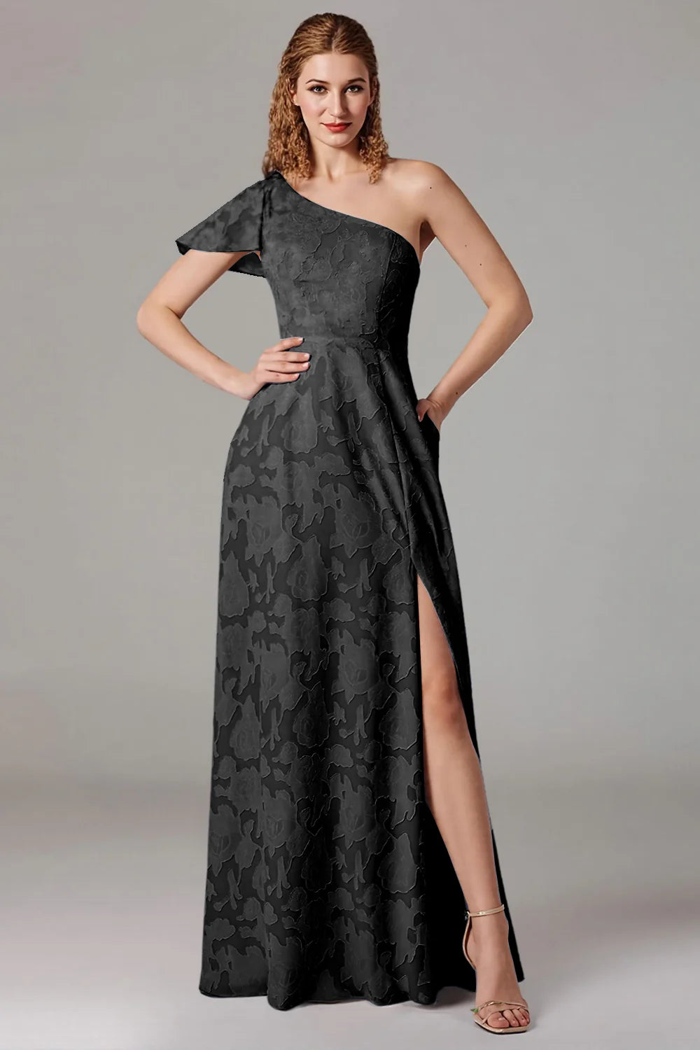 A-line shoulder cinched waist side slit dress