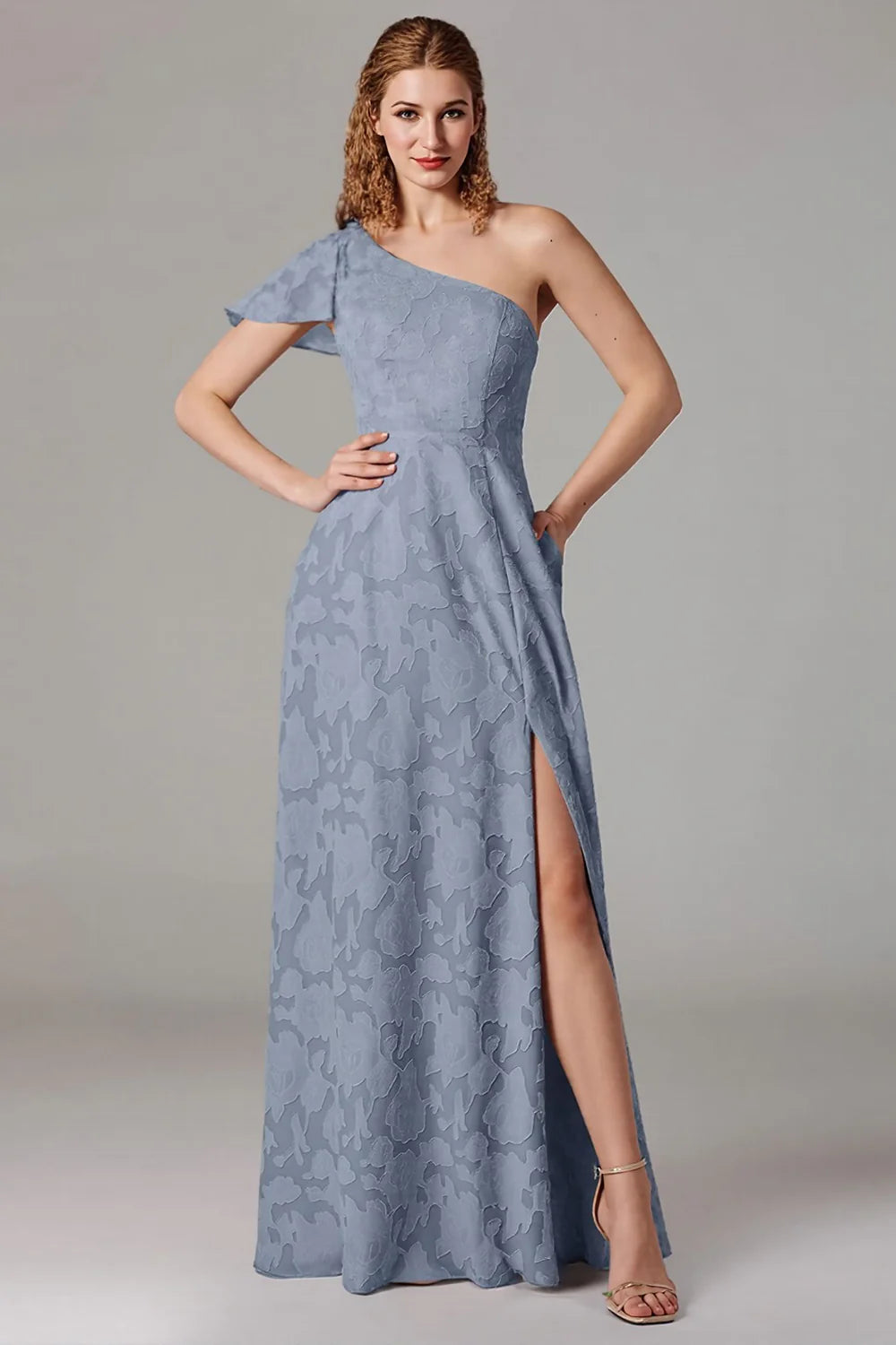 A-line shoulder cinched waist side slit dress