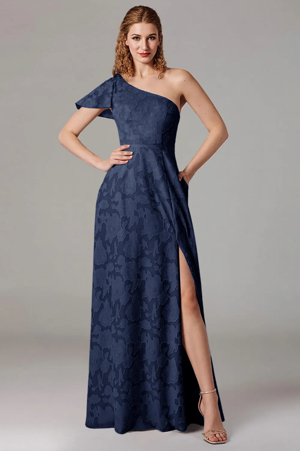 A-line shoulder cinched waist side slit dress