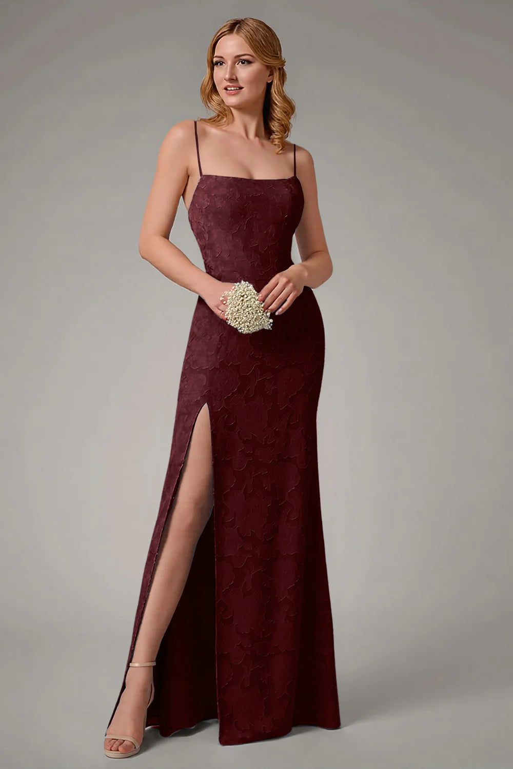 Square collar slim suspender backless waist cinching long skirt with side slit dress