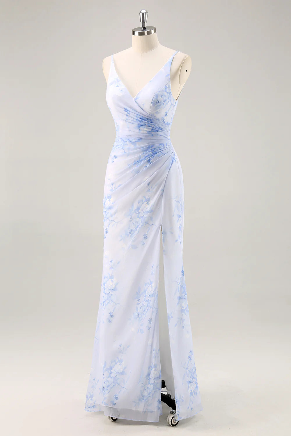 Blue Flower Sheath V Neck Ruched Long Bridesmaid Dress with Slit