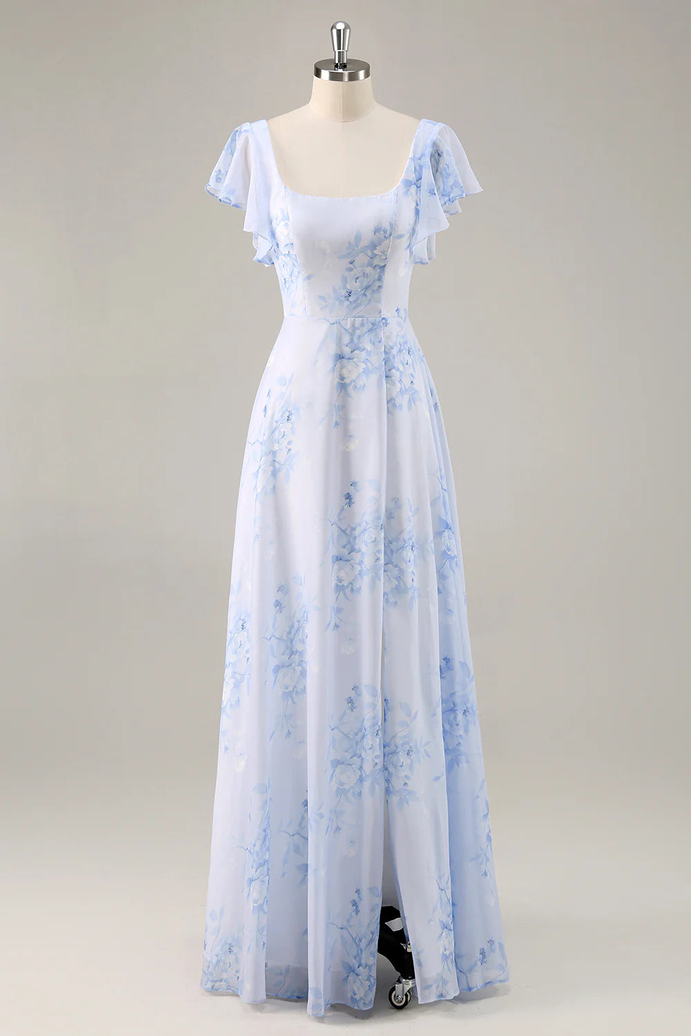 Blue Flower A-Line Square Neck Long Bridesmaid Dress with Slit